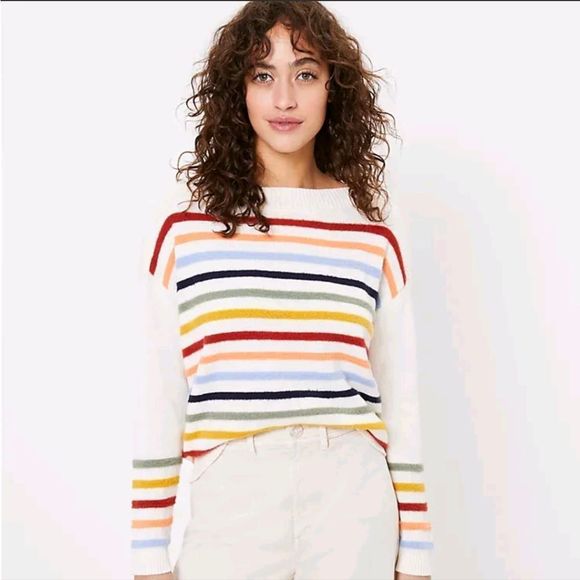 Oversized LOFT Fuzzy Striped Sweater Whipped Cream Multi New. S - Picture 2 of 14